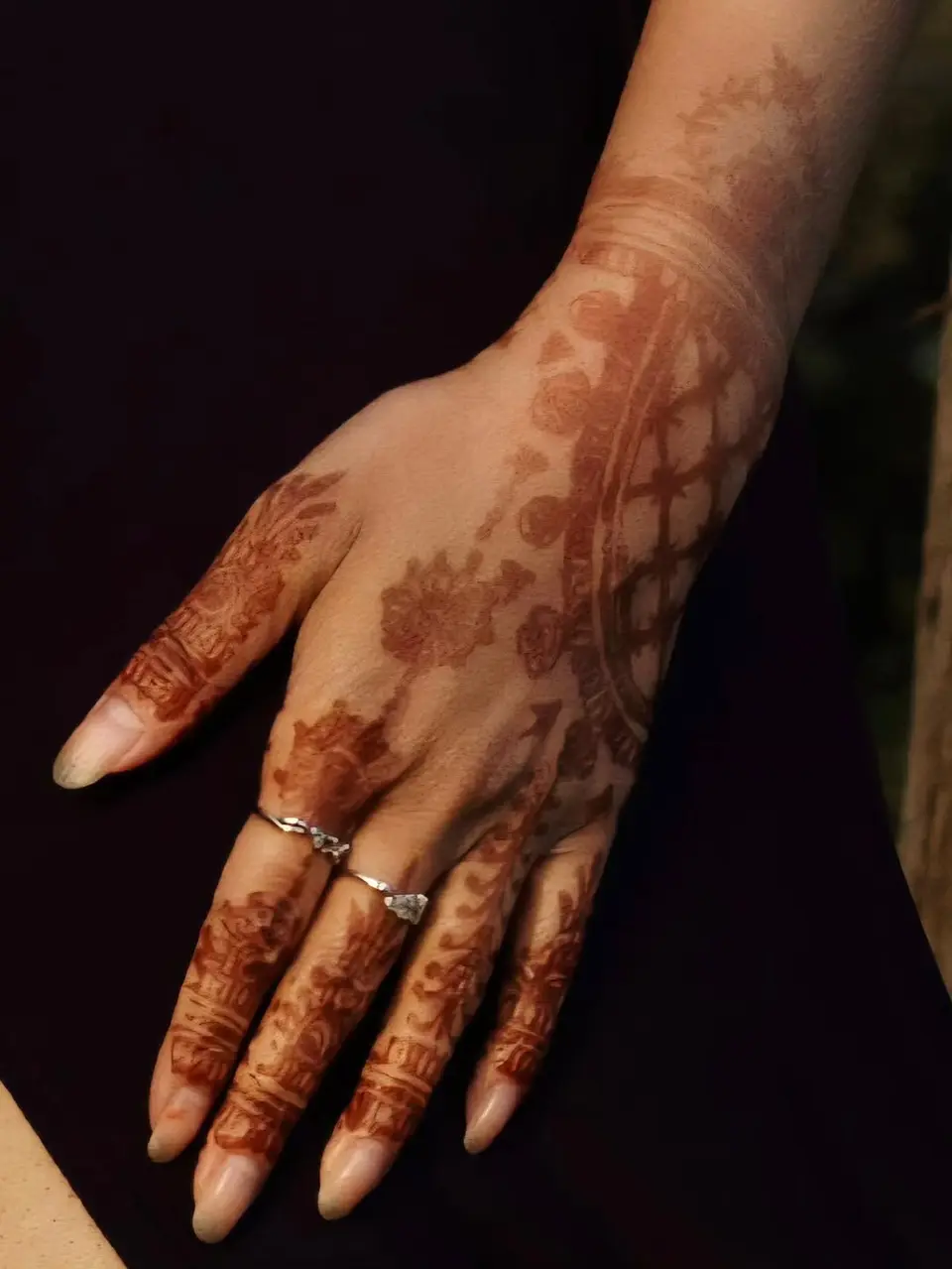 Fine lattice henna across the back of a hand and fingers, stained a warm orange